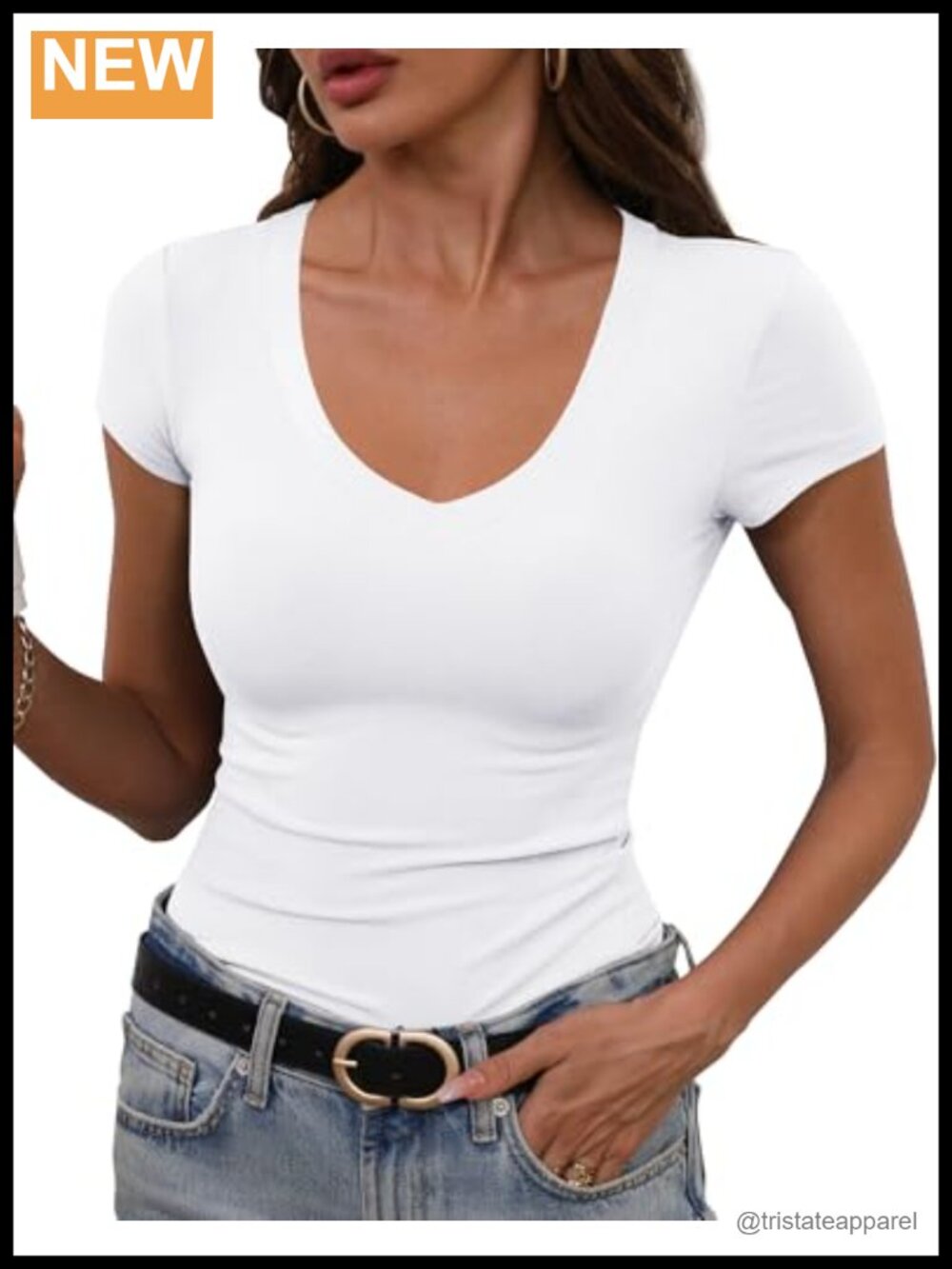 GEMBERA Womens Stretchy Ribbed Knit V Neck Short Sleeve Fitted Basic Tee
